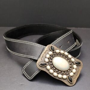Belt Shak Woman's Black Leather Boho/Western Belt With Faux Stones,Size 34.